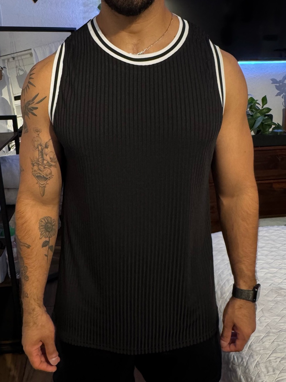 Black Ribbed Tank Top with Contrast Trim - Unbranded